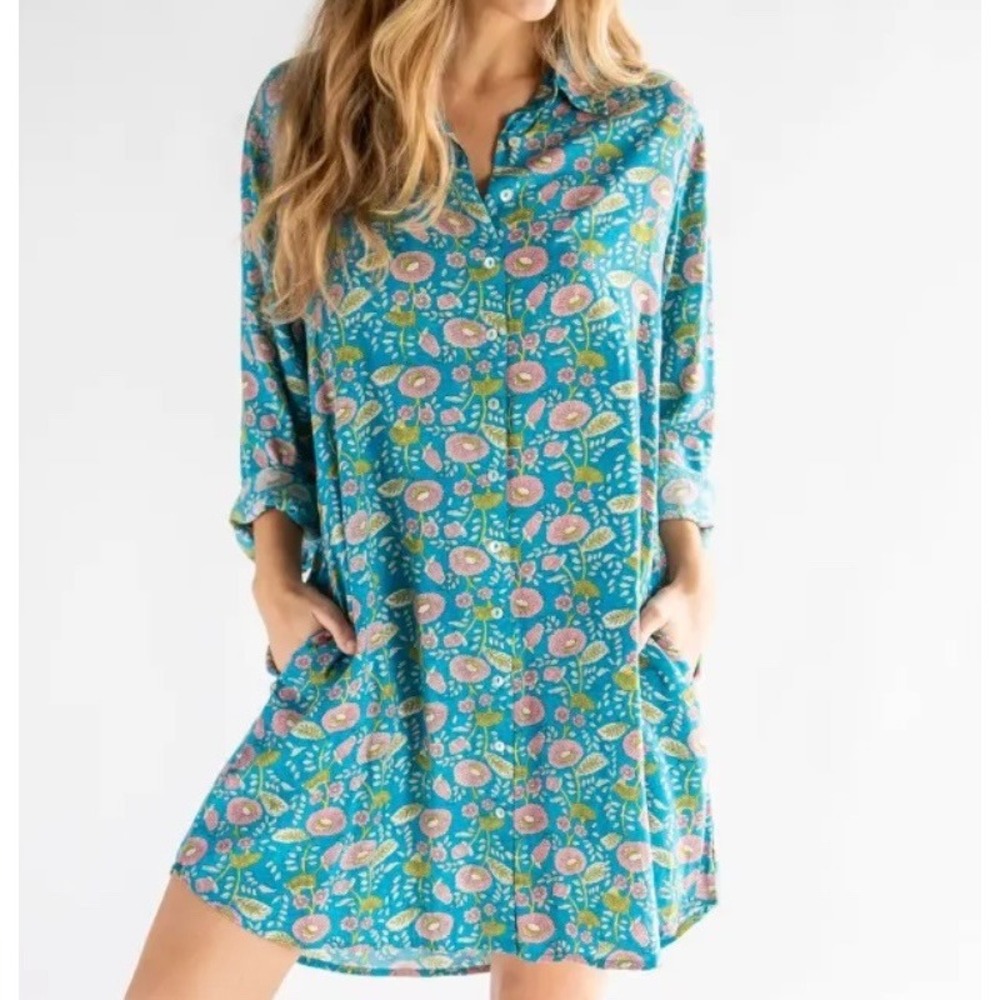 Natural Life Georgia Tunic Shirt Dress Size XL Blue Pink Floral Boho Button Up